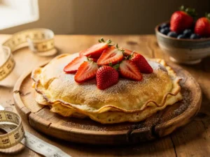 Goudbruine Dutch pancake met verse aardbeien en poedersuiker op rustiek houten bord, meetlint ernaast.