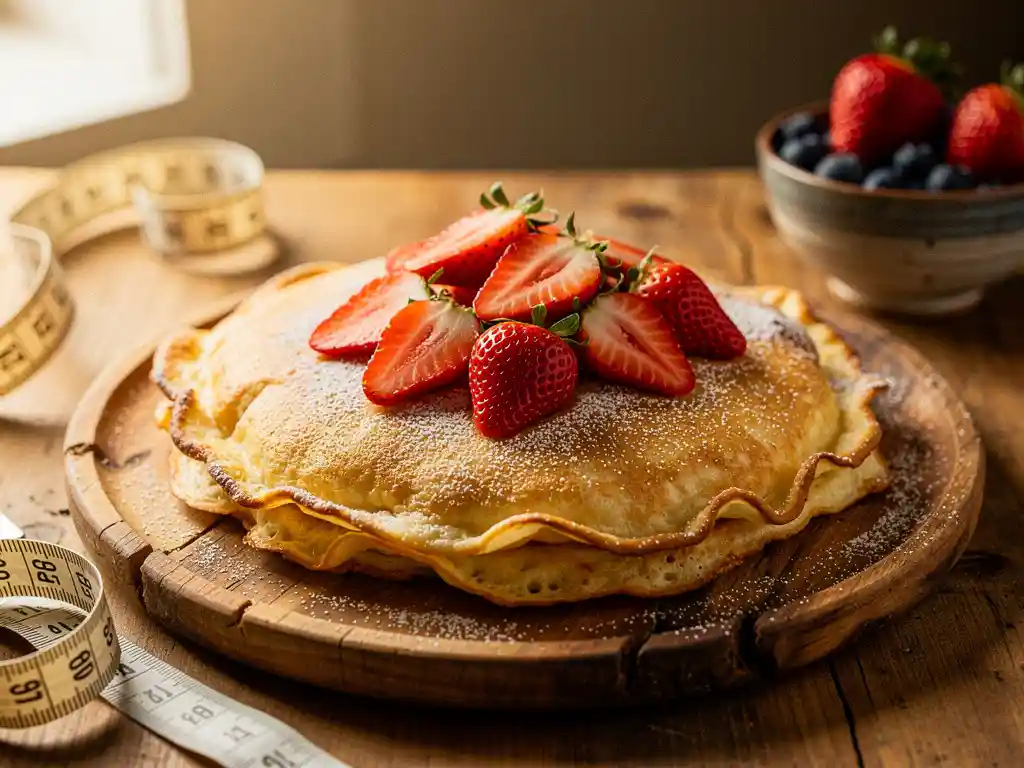 Goudbruine Dutch pancake met verse aardbeien en poedersuiker op rustiek houten bord, meetlint ernaast.