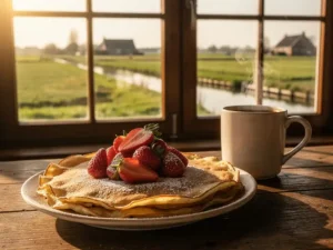 Gouden Dutch pancake met verse aardbeien en poedersuiker op rustieke houten tafel, dampende koffie en polderland op de achtergrond.