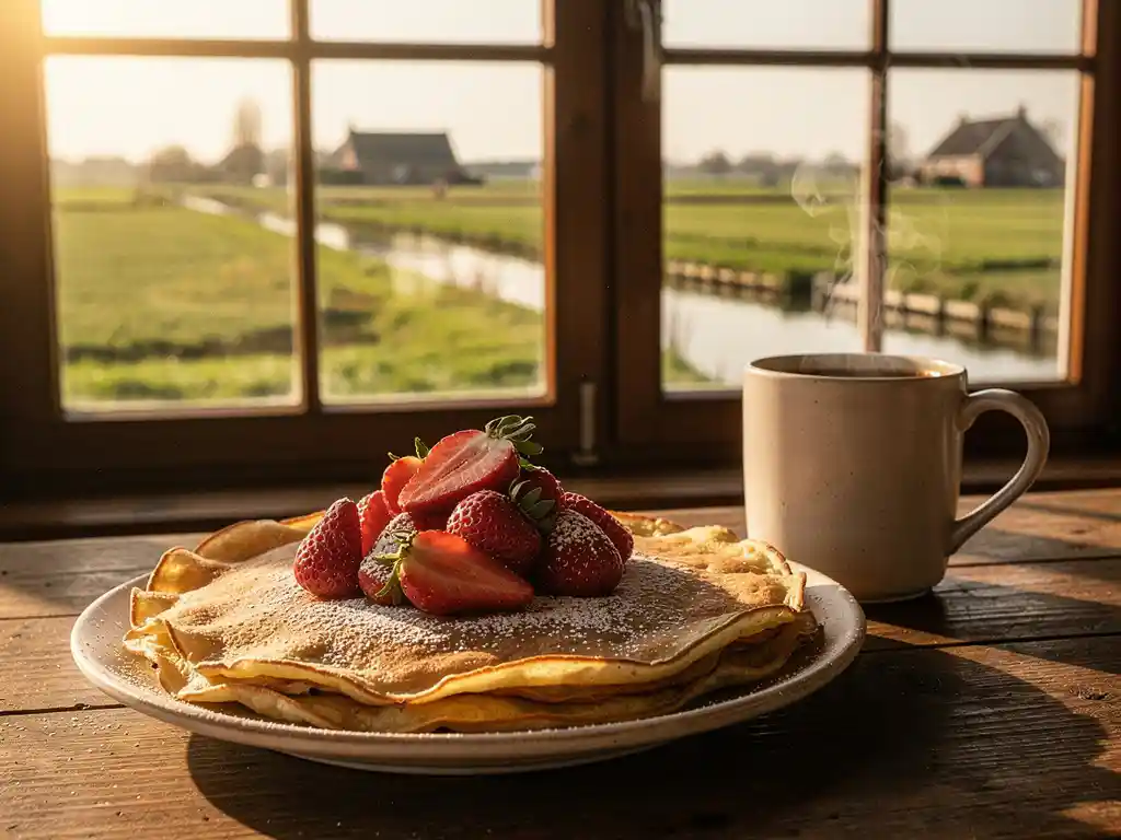 Gouden Dutch pancake met verse aardbeien en poedersuiker op rustieke houten tafel, dampende koffie en polderland op de achtergrond.