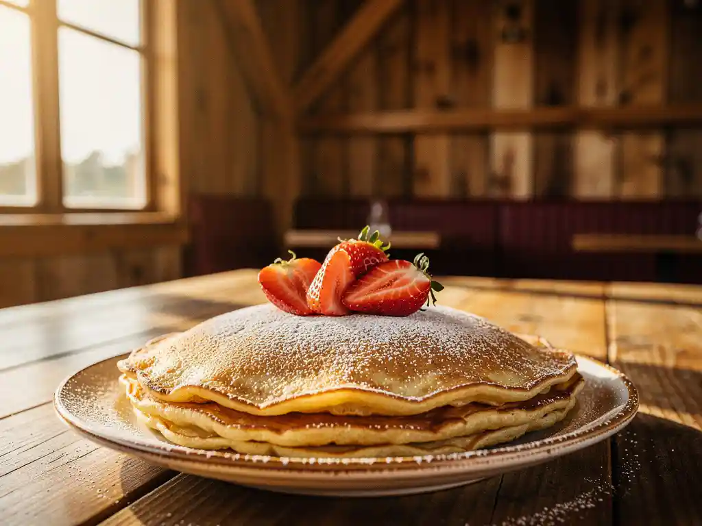 Gouden Dutch pancake bestrooid met poedersuiker en verse aardbeien op een rustieke houten tafel in een sfeervolle schuurrestaurant.