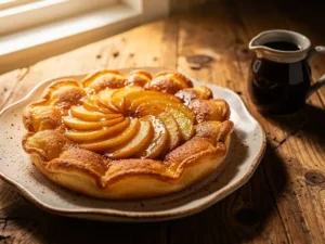 Gouden Dutch pancake met gekarameliseerde appelschijfjes en kaneelsuiker op een rustiek keramisch bord naast een schenkkan stroop.