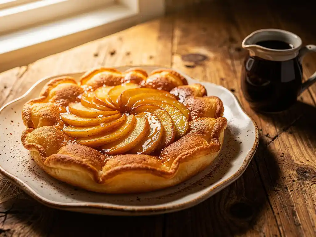 Gouden Dutch pancake met gekarameliseerde appelschijfjes en kaneelsuiker op een rustiek keramisch bord naast een schenkkan stroop.