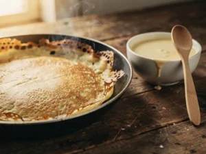 Goudbruine Dutch pancake die bakt in een droge anti-aanbakpan, met stoom langs de kantige randen en een kommetje beslag op een houten werkblad.