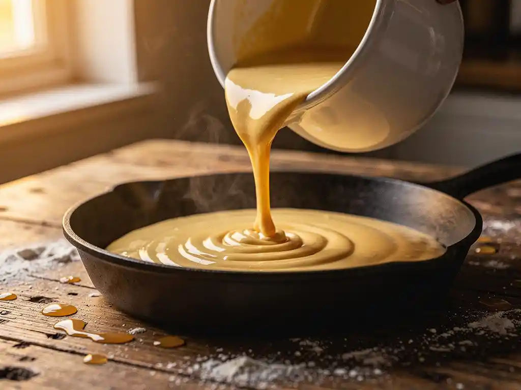 Romig pannenkoekbeslag dat uit een keramische kan in een gietijzeren pan wordt gegoten, warm gouden licht op rustiek houten oppervlak.