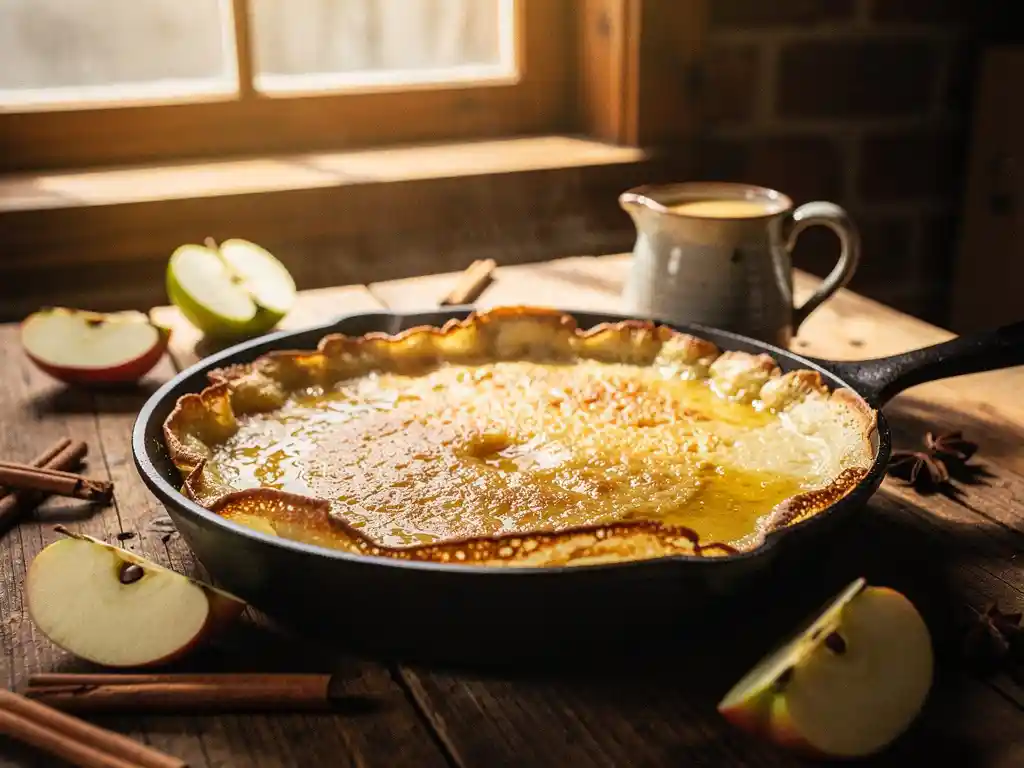 Goudbruine Dutch baby pannenkoek in gietijzeren pan met appelschijfjes, kaneelstokjes en een keramische kan beslag op rustiek hout.