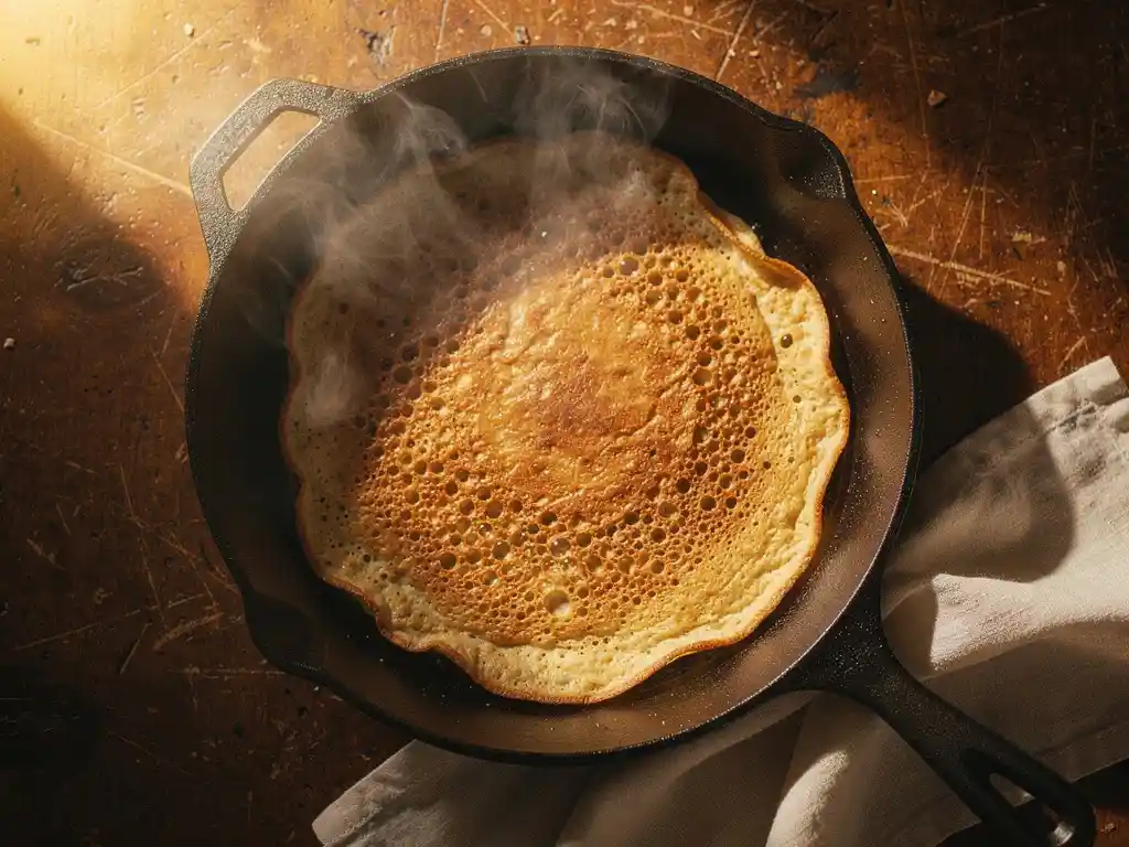 Goudbruine Dutch baby pancake in een gietijzeren koekenpan met knapperige randen en stoom, gefotografeerd van bovenaf op rustiek hout.