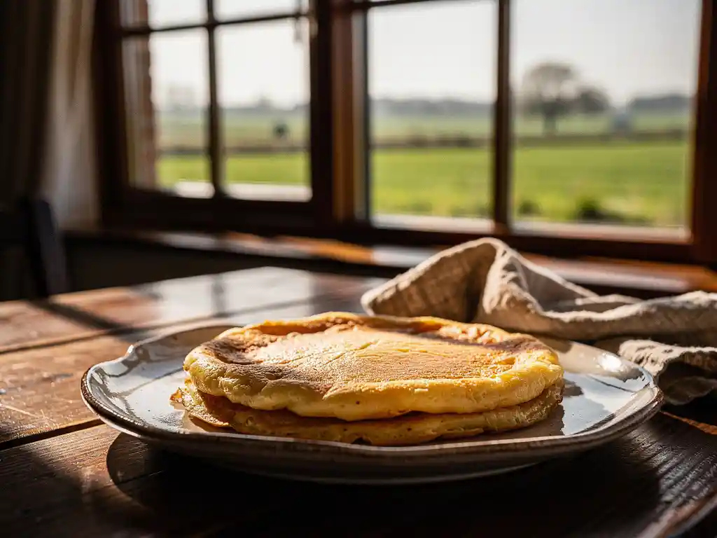 Gouden Dutch pancake op rustiek keramisch bord, zacht middaglicht en polderlandschap op achtergrond.