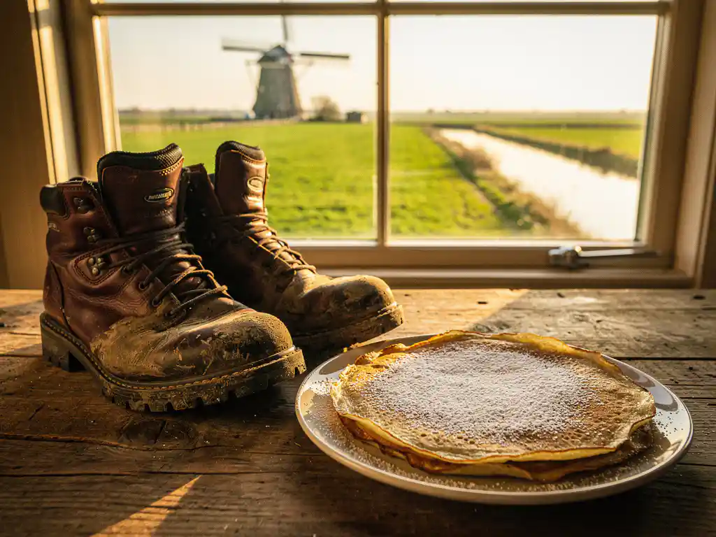 Modderige wandelschoenen naast een Dutch baby pannenkoek met poedersuiker op rustieke houten tafel, polderландschap met windmolen op achtergrond.