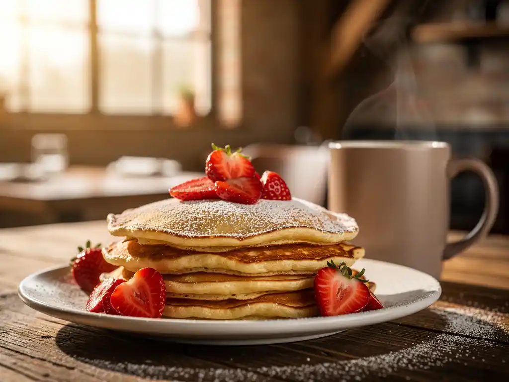 Stapel goudbruine Dutch pancakes met poedersuiker en verse aardbeien op een rustieke houten tafel, naast een dampende mok in warm middagzonlicht.