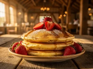 Stapel goudbruine Dutch pancakes bestrooid met poedersuiker en verse aardbeien op een rustieke houten tafel in een sfeervolle schapenboerderij-restaurant.