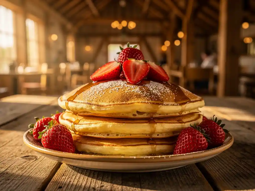 Stapel goudbruine Dutch pancakes bestrooid met poedersuiker en verse aardbeien op een rustieke houten tafel in een sfeervolle schapenboerderij-restaurant.