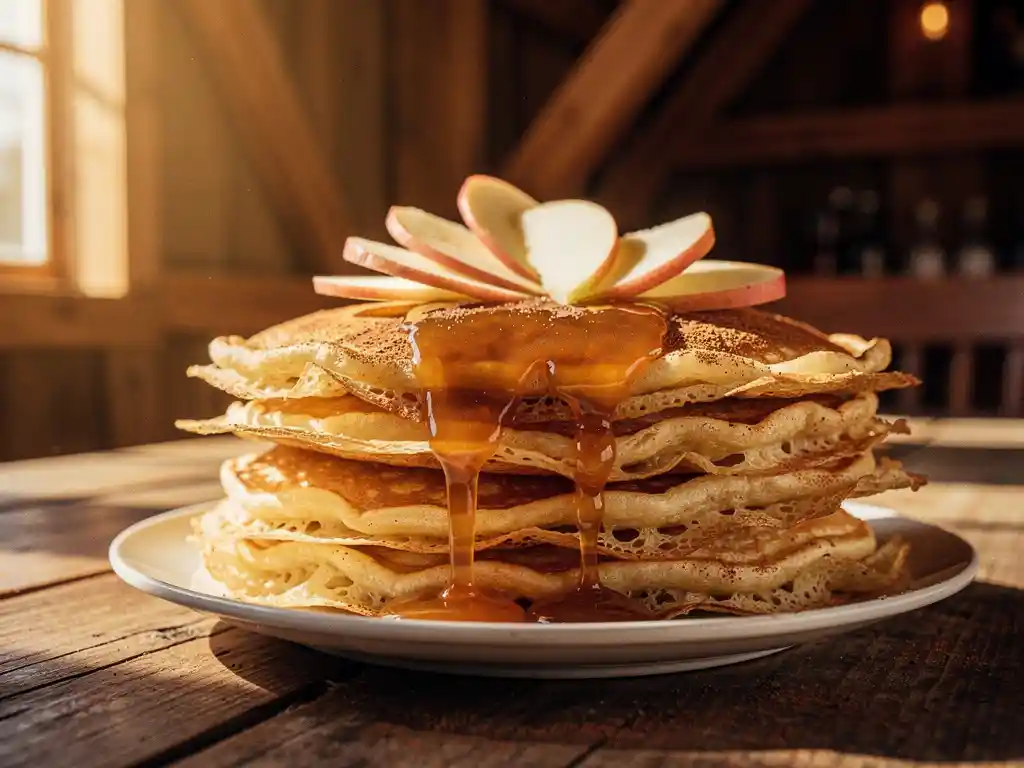 Stapel Nederlandse pannenkoeken met appelschijfjes, kaneelpoeder en stroopdrizzle op een rustieke houten tafel in een sfeervolle schaapskooi.