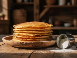 Stapel goudbruine dikke Nederlandse pannenkoeken op rustiek houten bord, naast een omgevallen blikje bakpoeder.