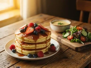 Goudbruine stapel fluffy Dutch pancakes met vers fruit en siroop, naast een rustiek houten lunchboard met soep en salade.