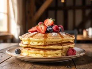 Stapel gouden Dutch pancakes met vers fruit en poedersuiker op een rustieke houten tafel in een gezellig restaurant.