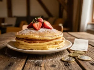 Stapel Dutch pancakes met poedersuiker en aardbeien op rustieke houten tafel, met euromunten en kassabon op de achtergrond.
