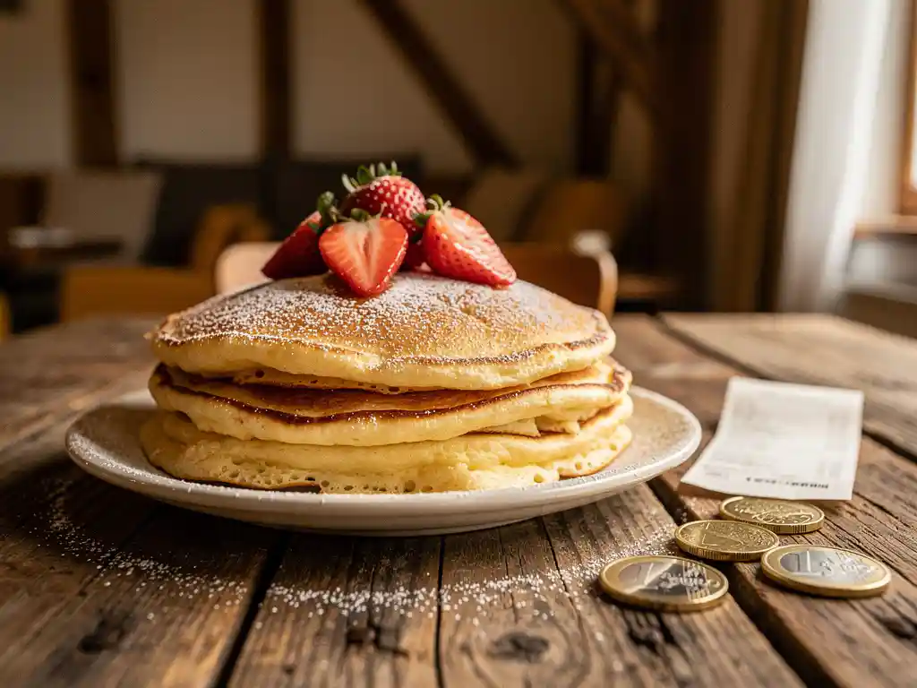 Stapel Dutch pancakes met poedersuiker en aardbeien op rustieke houten tafel, met euromunten en kassabon op de achtergrond.
