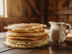 Stapel goudbruine Dutch pancakes op rustieke houten tafel, bovenste pannenkoek droog en stijf met gebarsten randen, kleine keramische kan met beslag.
