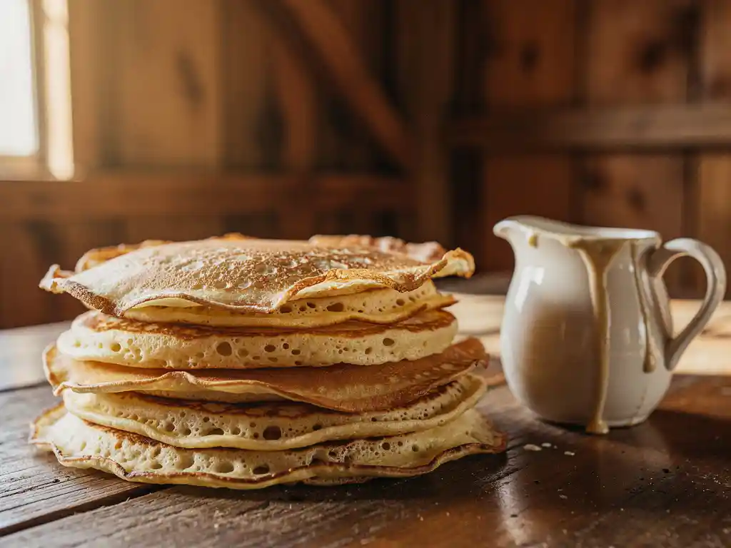 Stapel goudbruine Dutch pancakes op rustieke houten tafel, bovenste pannenkoek droog en stijf met gebarsten randen, kleine keramische kan met beslag.