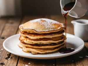 Stapel gouden Dutch pancakes bestrooid met poedersuiker, met stroopstraal uit een keramisch kannetje op een rustiek houten tafel.