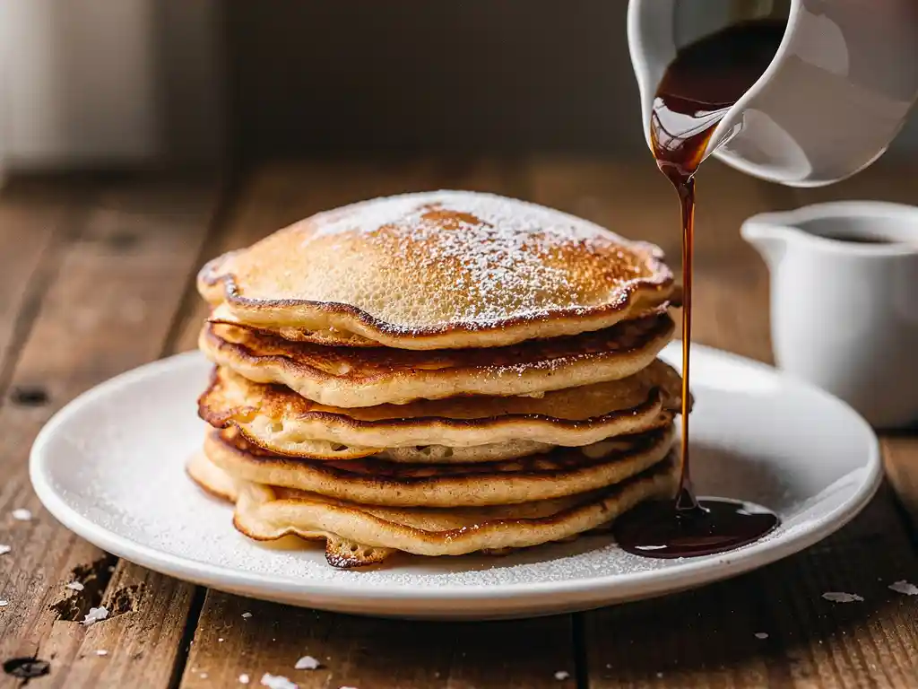 Stapel gouden Dutch pancakes bestrooid met poedersuiker, met stroopstraal uit een keramisch kannetje op een rustiek houten tafel.