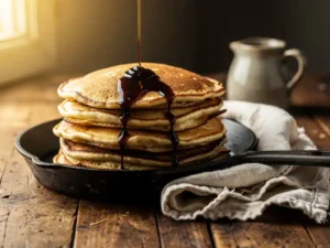 Stapel goudbruine Dutch pancakes met stroop op een rustieke houten tafel, verlicht door zacht natuurlijk raamlicht.