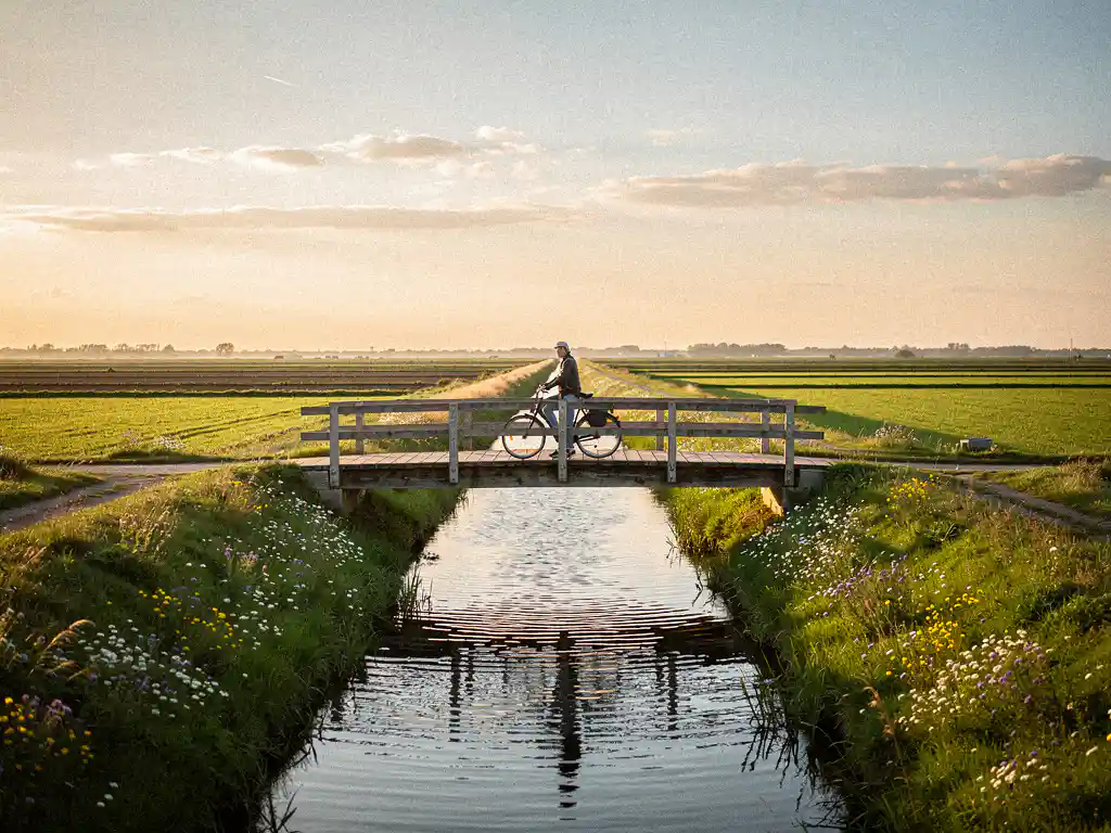 Fietser rustend op houten brug over kanaal in Eiland van Schalkwijk polder, gouden uur licht over groene weilanden met wilde bloemen.