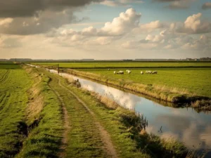 Groen polderlandschap op het Eiland van Schalkwijk met grazende schapen, kronkelend dijkpad en wolkenlucht weerspiegeld in een irrigatiekanaal.