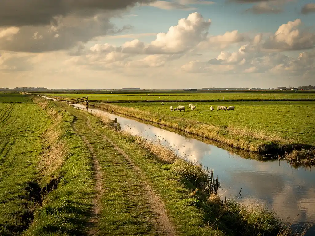 Groen polderlandschap op het Eiland van Schalkwijk met grazende schapen, kronkelend dijkpad en wolkenlucht weerspiegeld in een irrigatiekanaal.