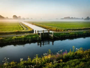 Houten sluis in een Nederlands polderlandschap op het Eiland van Schalkwijk, met kronkelende watergangen, groene weilanden en ochtendmist.
