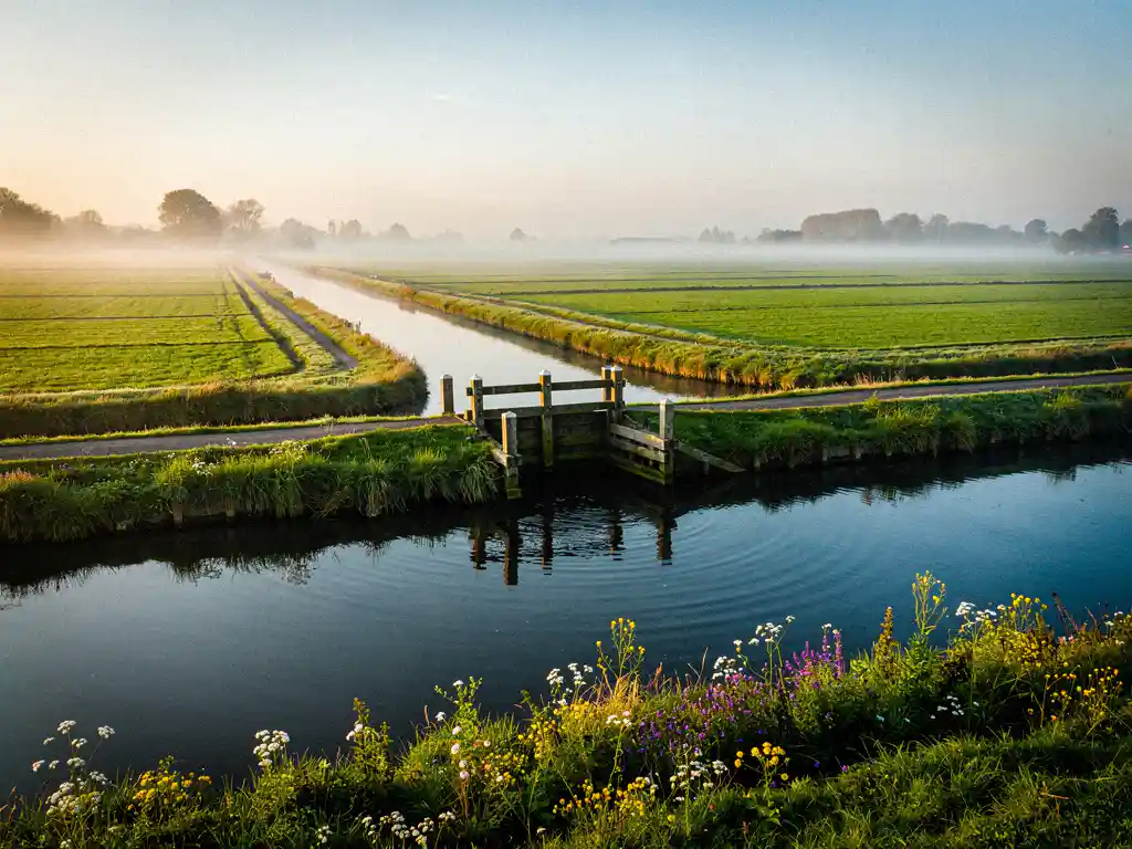 Houten sluis in een Nederlands polderlandschap op het Eiland van Schalkwijk, met kronkelende watergangen, groene weilanden en ochtendmist.