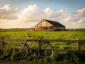Fiets tegen houten hek op het Eiland van Schalkwijk, met groene polderweide, rustieke houten boerderijrestaurant en wolkenlucht boven Utrecht.