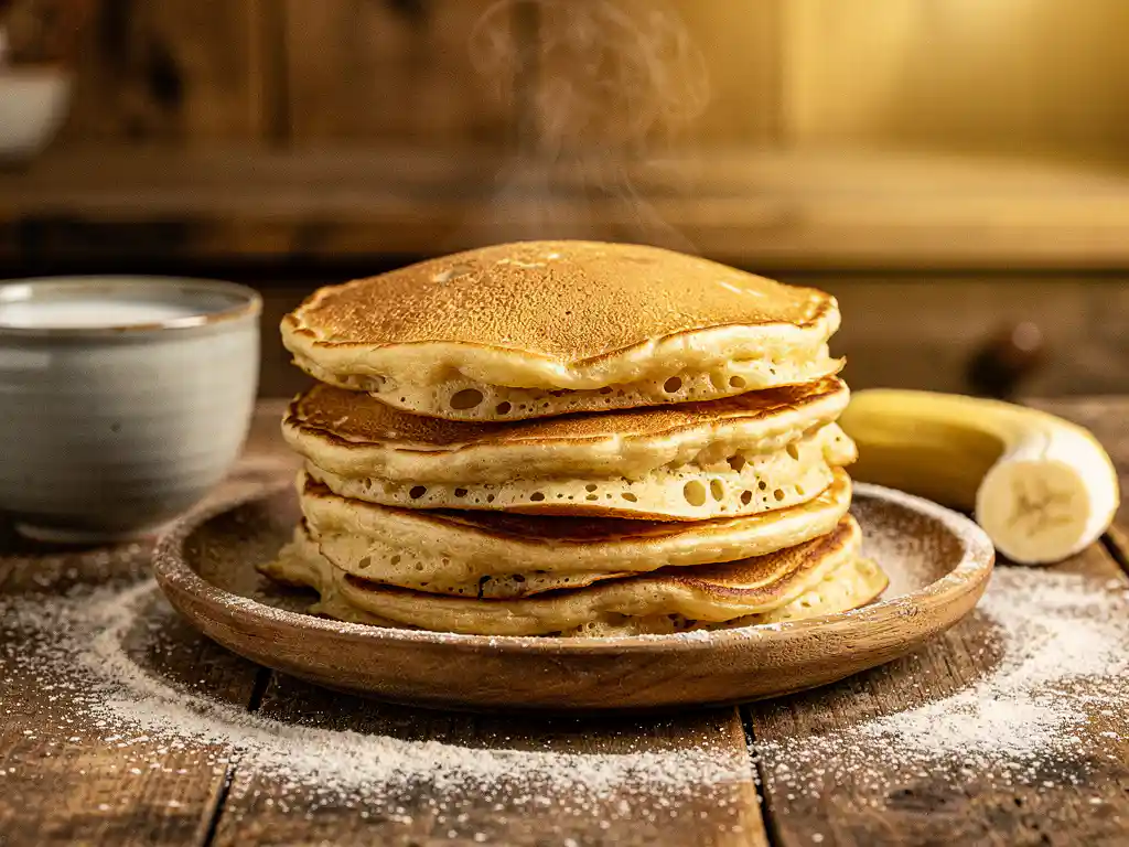 Stapel goudbruine eivrije pannenkoeken op rustiek houten bord, omringd door bloem, plantaardige melk en halve banaan.