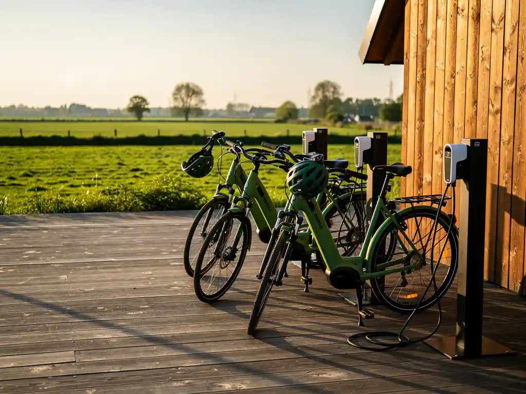 Elektrische fietsen aan laadpalen op houten terras van restaurantboerderij, met Nederlands polderlandschap op de achtergrond.