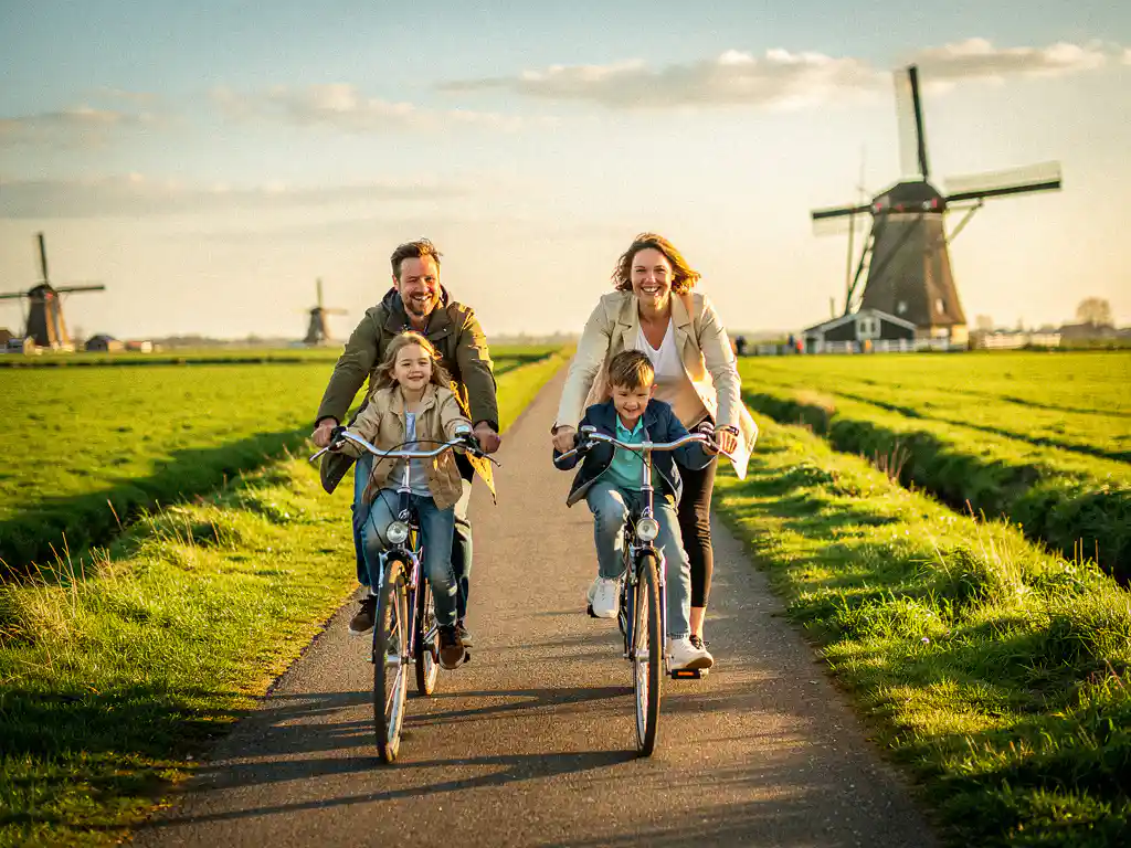 Gezin van vier fietst over een polderpad op het Eiland van Schalkwijk, met groene weilanden en windmolens in de achtergrond.
