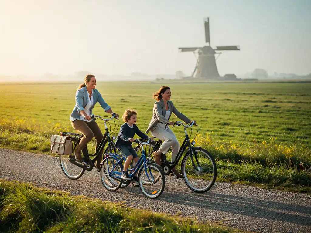 Familie fietst op een polderpad door groene weiden, met picknicktas op de fiets, molen in de verte en gouden middagzon.