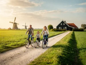 Gezin fietst op een polderpad in Nederland, omgeven door groene weilanden, windmolens en een houten boerderij in warm middaglicht.
