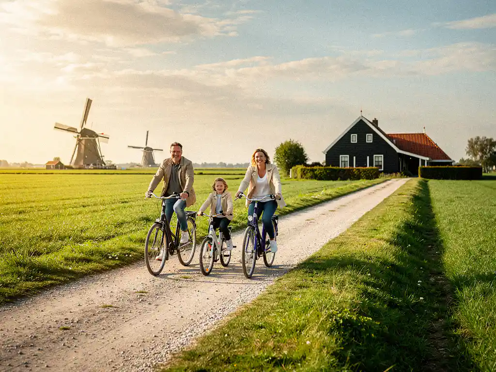 Gezin fietst op een polderpad in Nederland, omgeven door groene weilanden, windmolens en een houten boerderij in warm middaglicht.