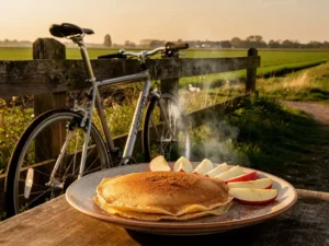 Twee fietsen tegen een verweerd houten hek naast een dampende pannenkoek met appelschijfjes en kaneel, Nederlands polderlandschap op de achtergrond.