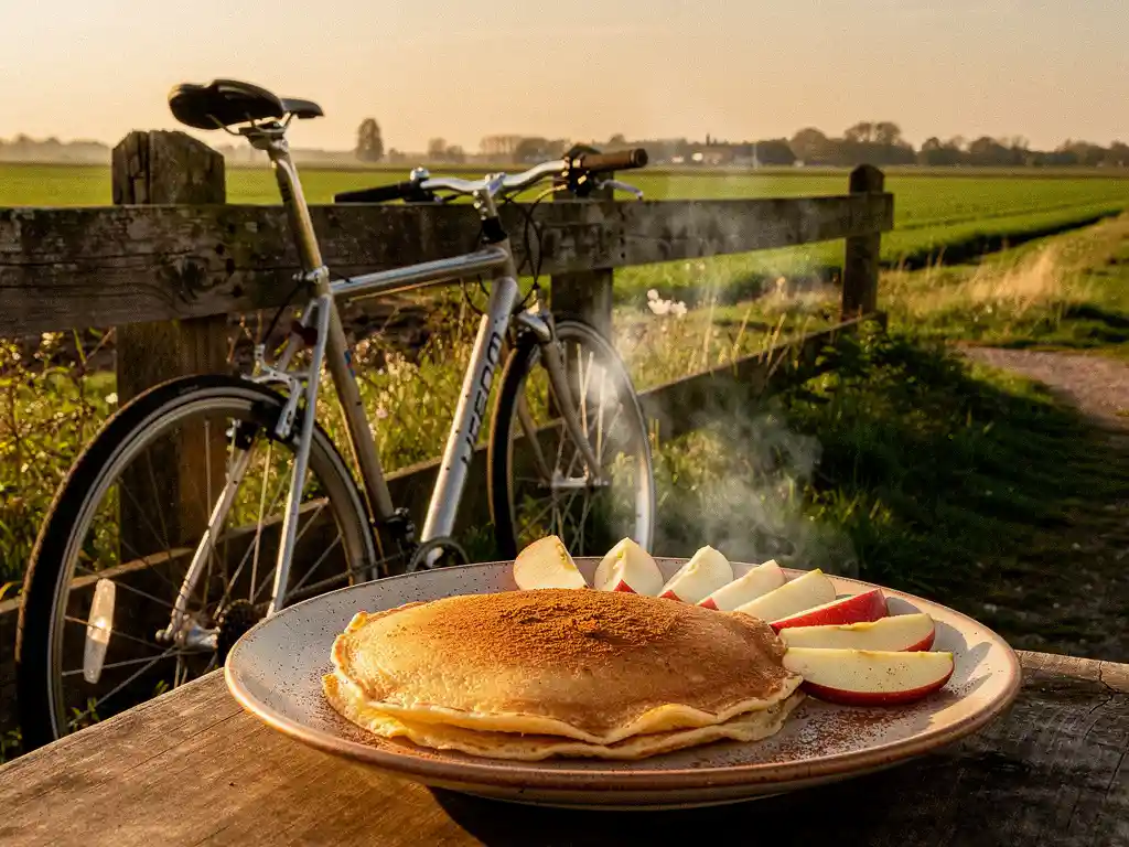 Twee fietsen tegen een verweerd houten hek naast een dampende pannenkoek met appelschijfjes en kaneel, Nederlands polderlandschap op de achtergrond.