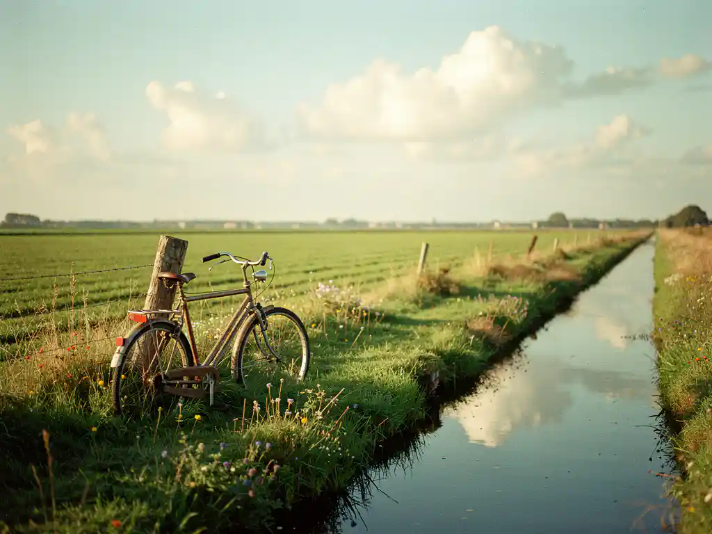 Verweerde houten fiets tegen een hek op het Eiland van Schalkwijk, met groene polderweiden, wilde bloemen en wolken weerspiegeld in een sloot.