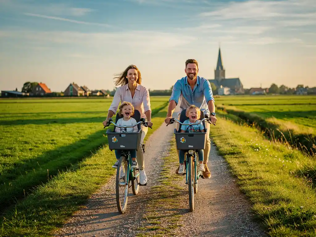 Gezin fietst lachend over een zonnig polderpad bij Utrecht, met groene weilanden en een kerkspits in de verte.