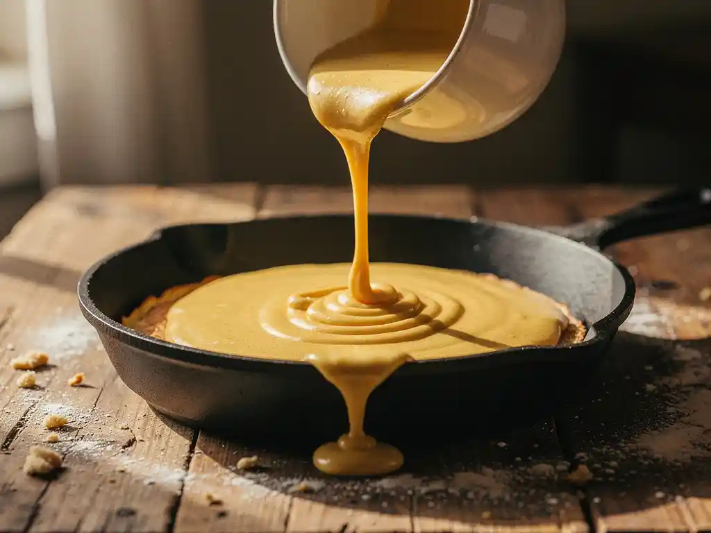 Gouden pannenkoekbeslag dat uit een keramieken kan in een gietijzeren pan wordt gegoten, op een met bloem bestoven houten tafel.
