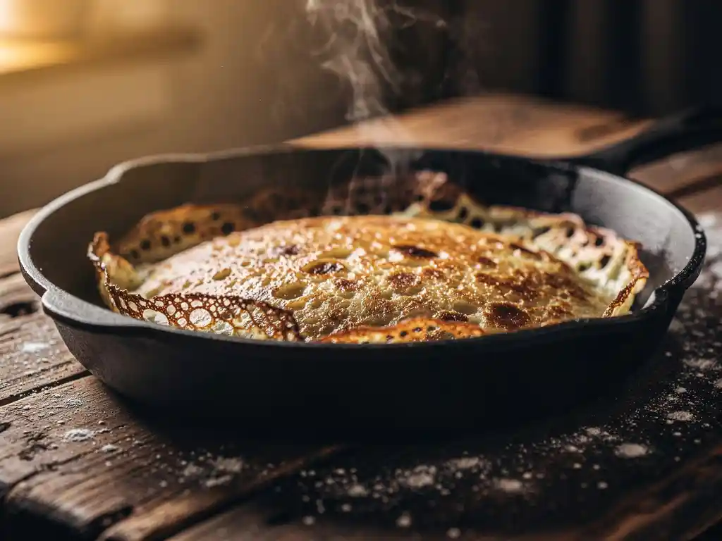Goudbruine Dutch pancake met kanten randjes in gietijzeren pan op rustiek houten oppervlak, verlicht door warm natuurlijk licht.