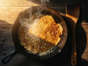 Goudbruine Dutch pancake in gietijzeren koekenpan met houten spatel op rustiek barnwood tafelblad.