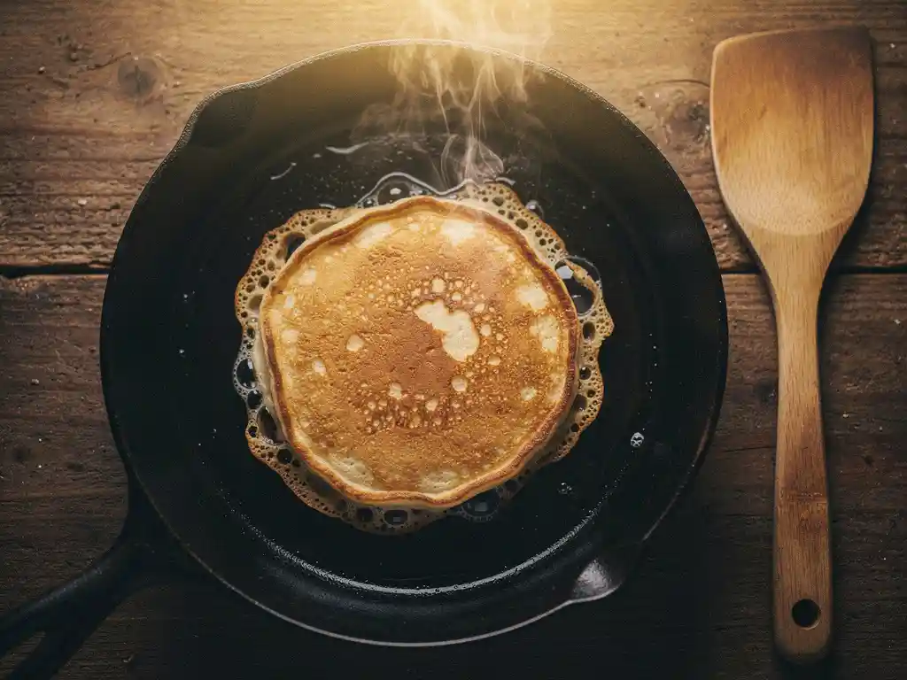Goudbruine pannenkoek in gietijzeren koekenpan met opstijgende stoom, knapperige kantjes en houten spatel ernaast.