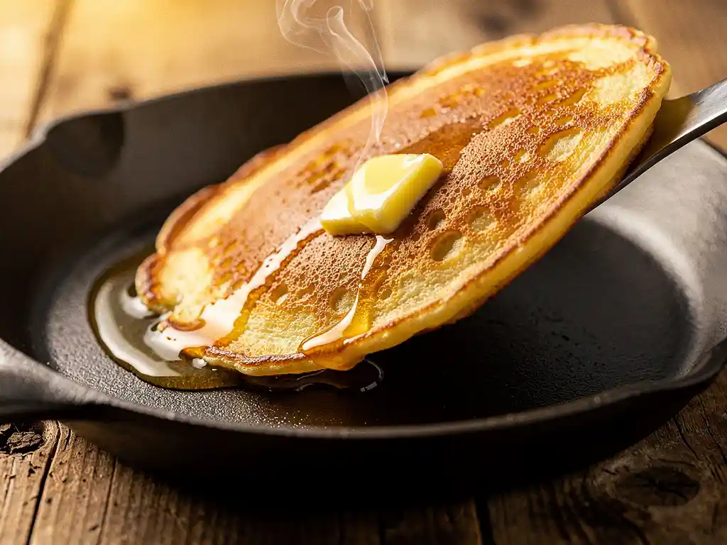 Goudbruine pannenkoek die loskomt van een goed ingebrand gietijzeren pan, met een dun straaltje stoom en boterglans.