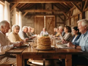 Multigenerationeel gezelschap aan een rustieke eettafel met gouden Dutch pancakes op keramische borden, zachte raamlicht in schuurinterieur.