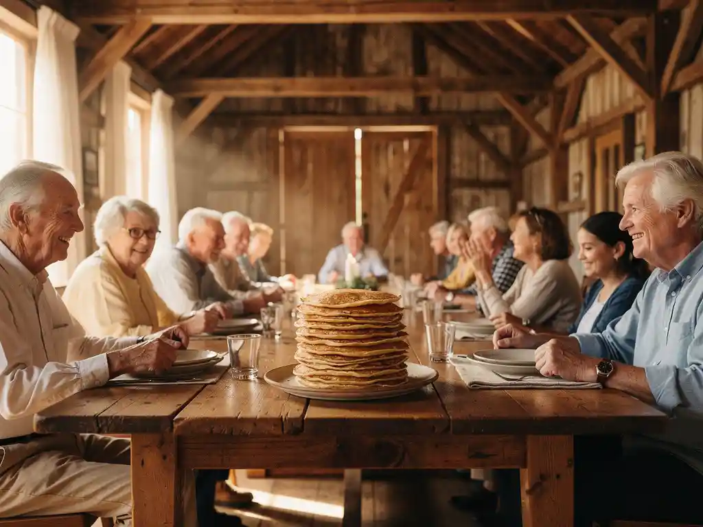 Multigenerationeel gezelschap aan een rustieke eettafel met gouden Dutch pancakes op keramische borden, zachte raamlicht in schuurinterieur.